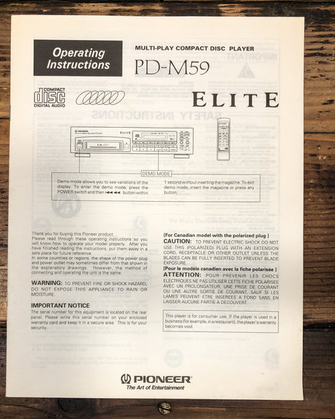 Pioneer PD-M59 Elite CD Player Owners / User Manual *Original*