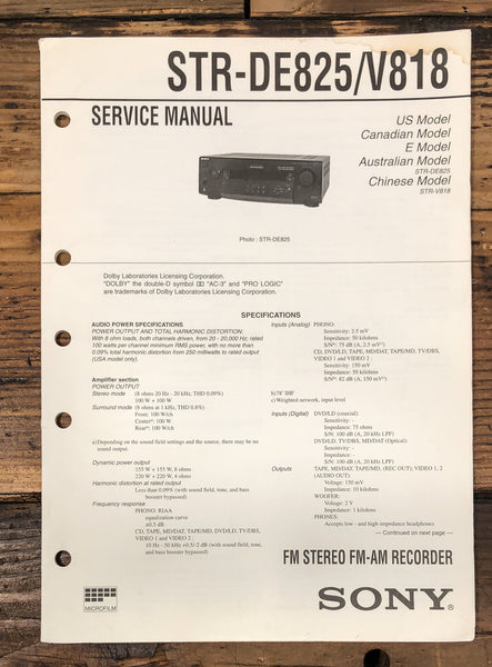 Sony STR-DE825 STR-V818 Receiver  Service Manual *Original*