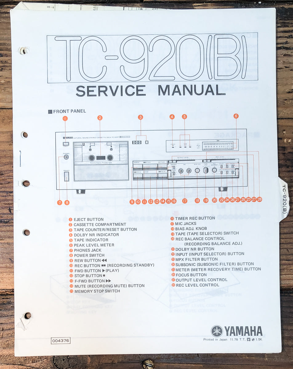 Yamaha TC-920 TC-920B Cassette Service Manual *Original*