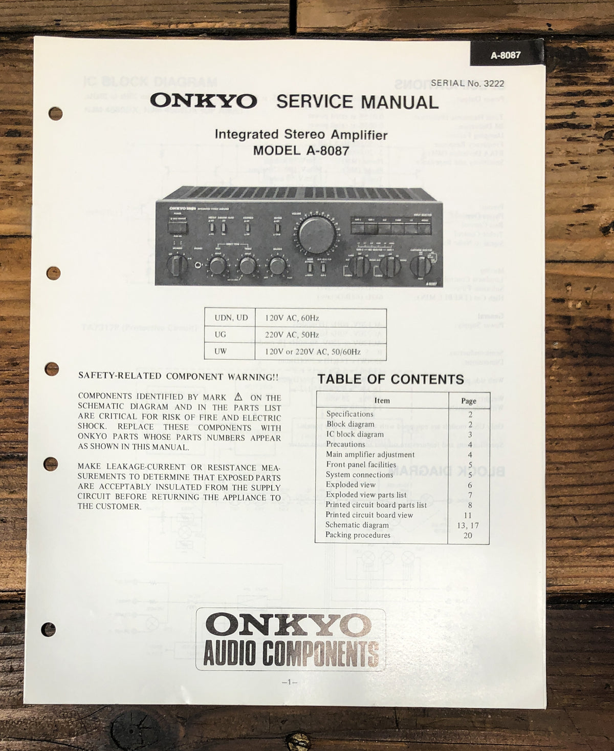 Onkyo A-8087 Amplifier Service Manual *Original*