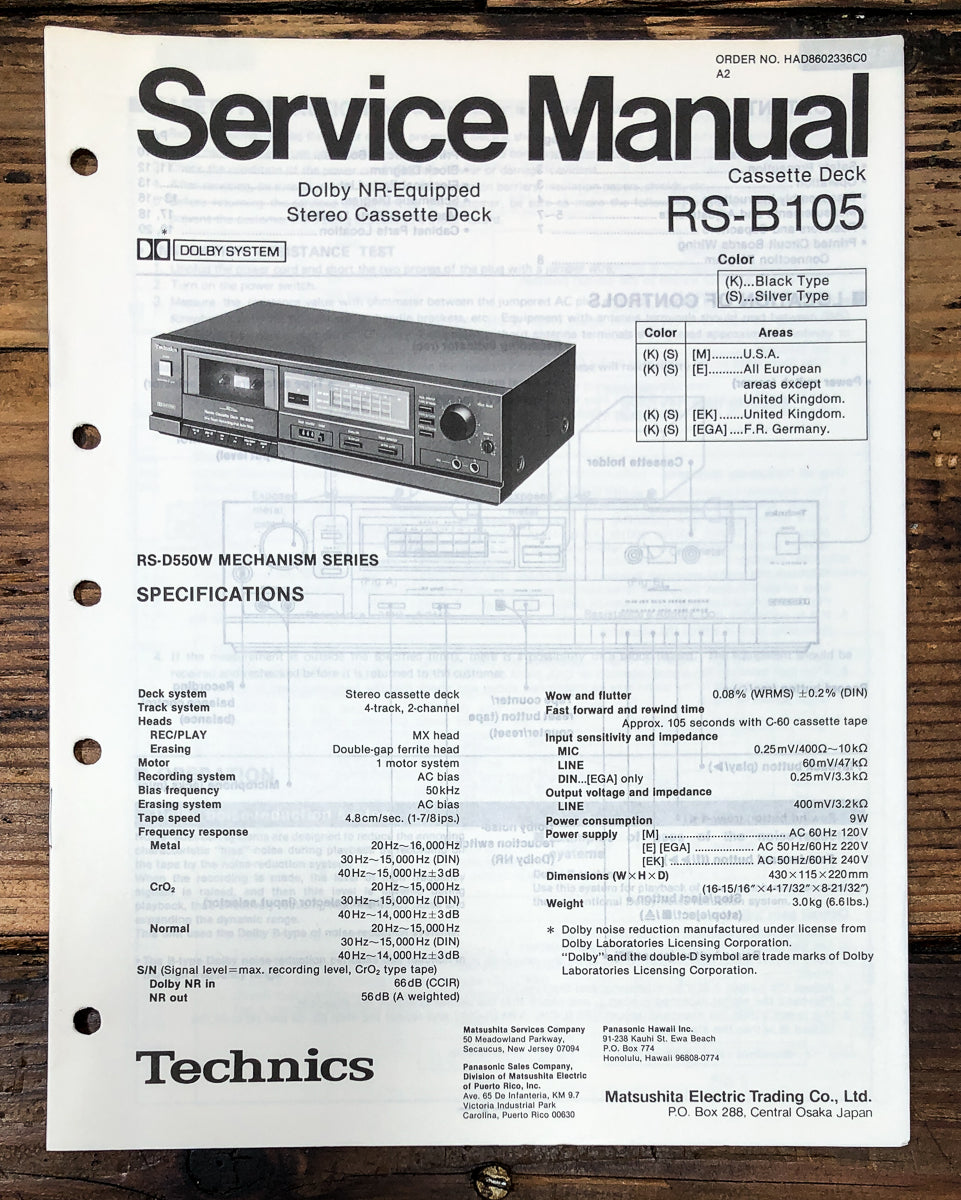 Technics RS-B105 Cassette Service Manual *Original*