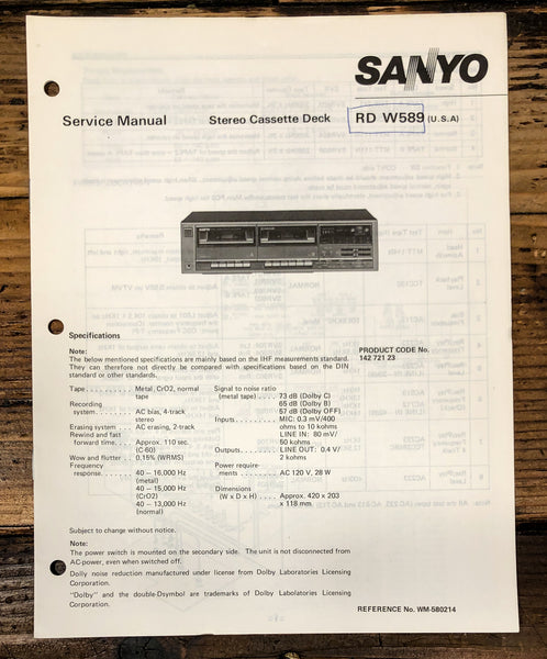 Sanyo RD W589 RD-W589 Cassette Service Manual *Original*