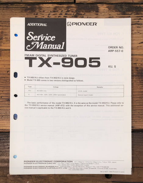 Pioneer TX-905 Tuner Additional Service Manual *Original*