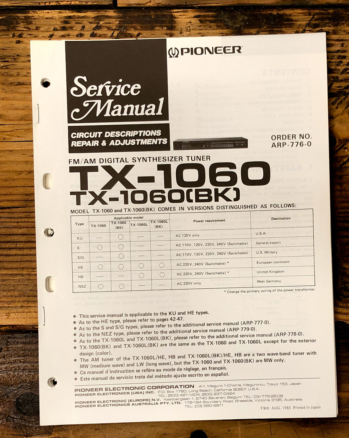 Pioneer TX-1060 Tuner Service Manual *Original*