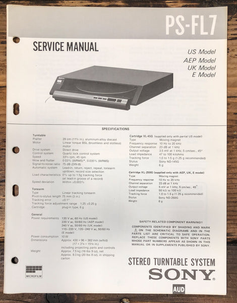 Sony PS-FL7 Record Player / Turntable Service Manual *Original*