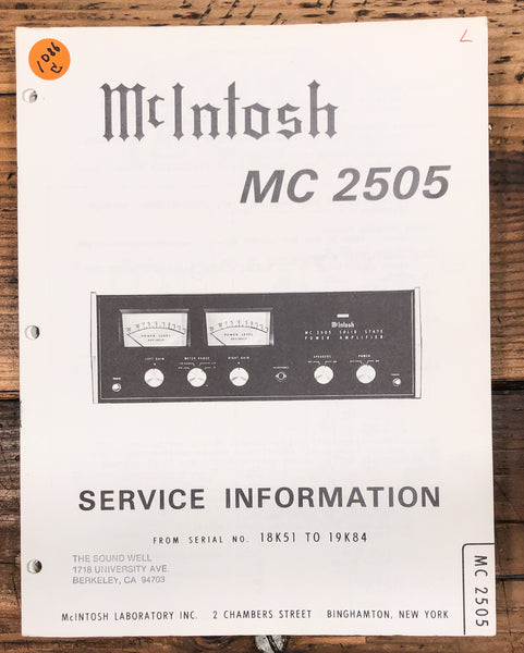 McIntosh MC2505 MC-2505 Amplifier  Service Manual *Original* #2