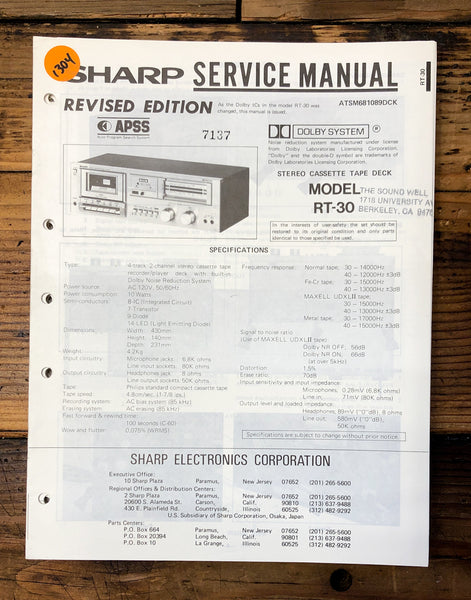 Sharp RT-30 Cassette  Service Manual *Original*