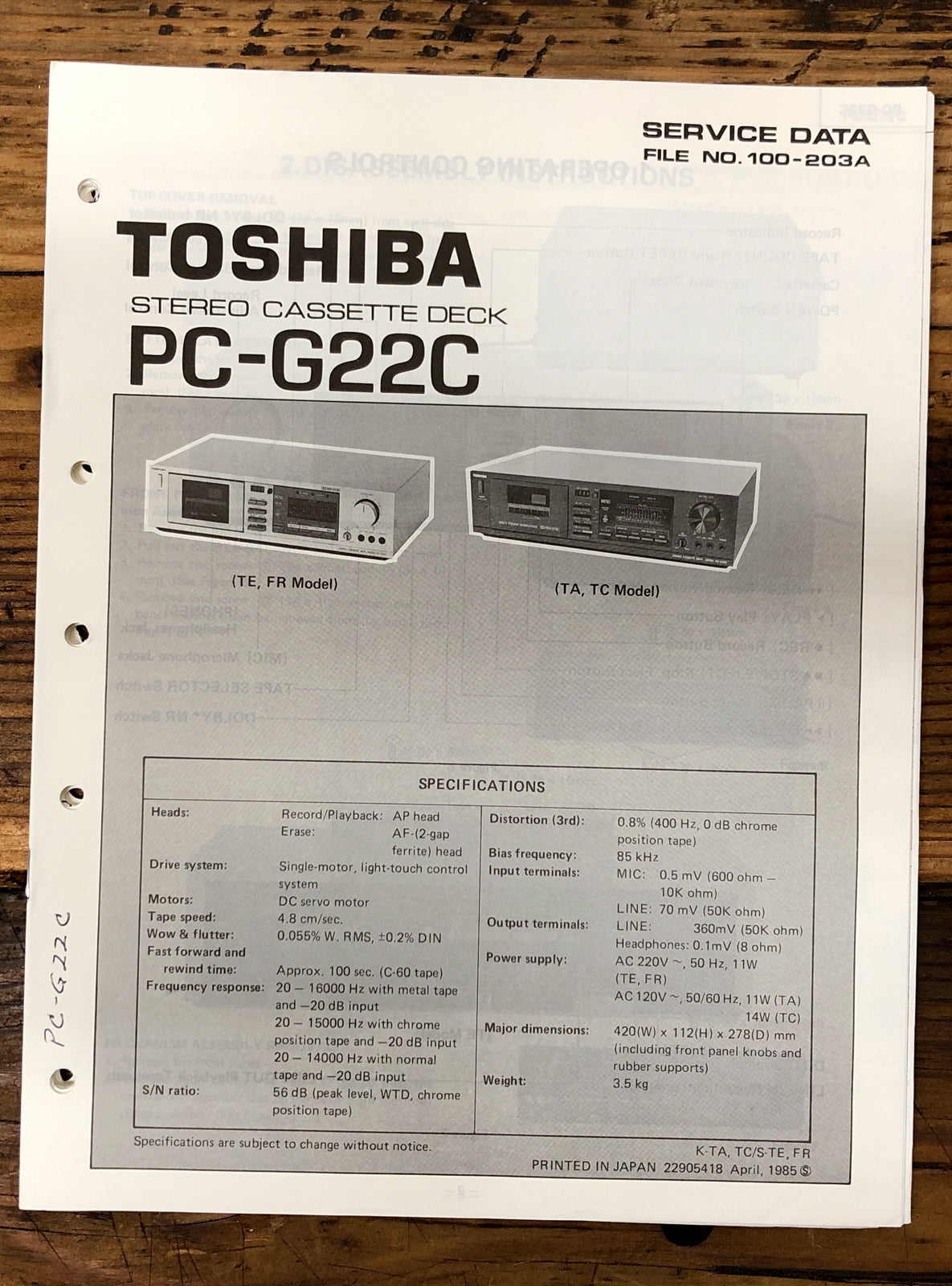 Toshiba PC-G22C Cassette Deck  Service Manual *Original*