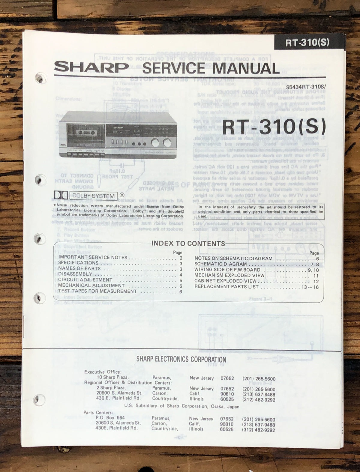 Sharp RT-310 RT-310S Cassette Service Manual *Original*