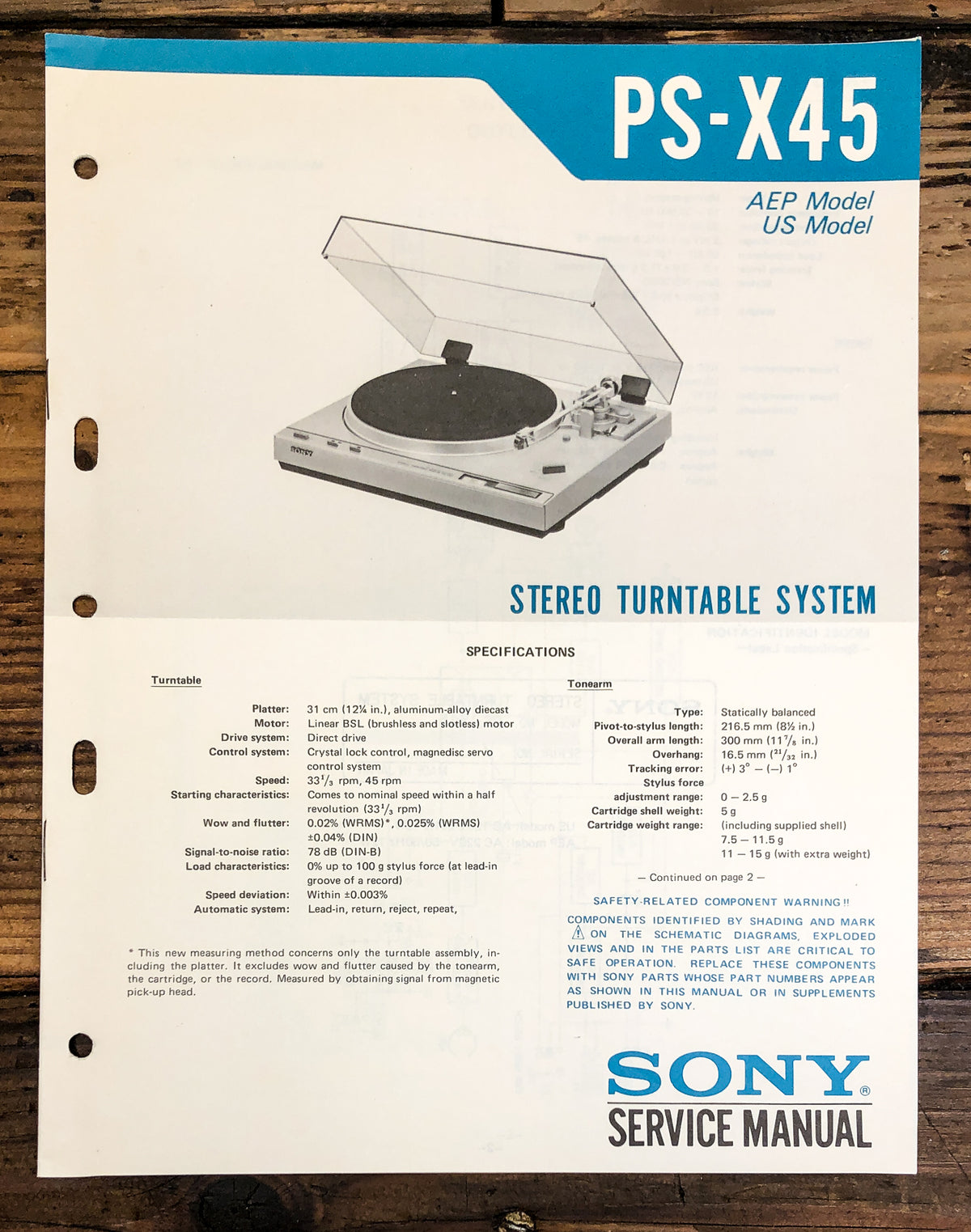 Sony PS-X45 Record Player / Turntable Service Manual *Original*