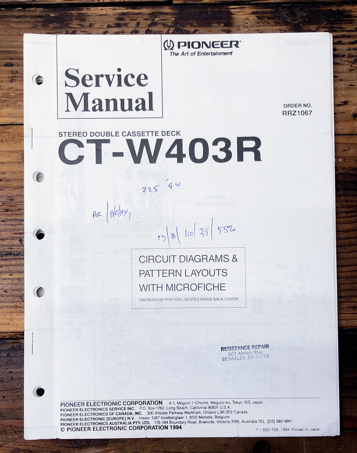 Pioneer CT-W403R Cassette  Service Manual *Original*