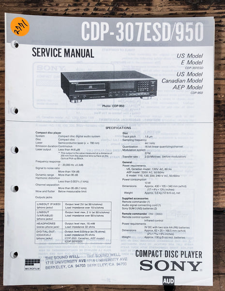 Sony CDP-307ESD CDP-950 CD Player  Service Manual *Original*