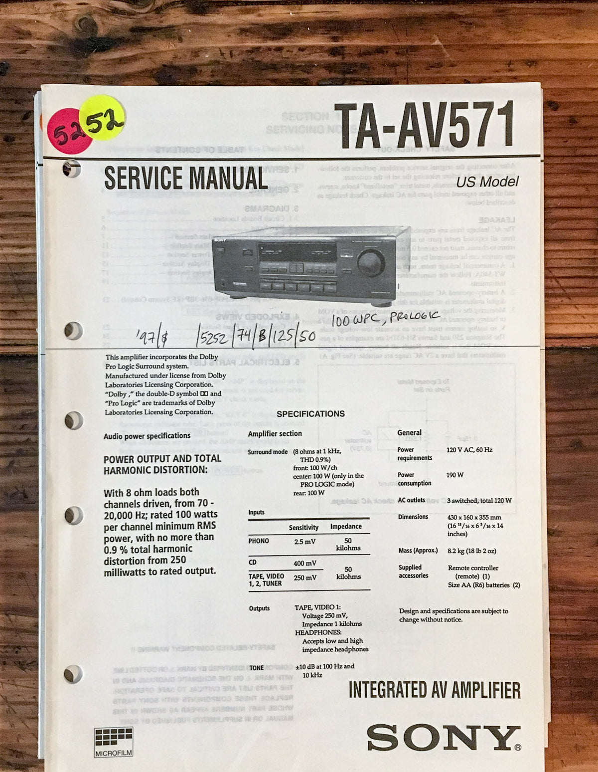Sony TA-AV571 Amplifier  Service Manual *Original*