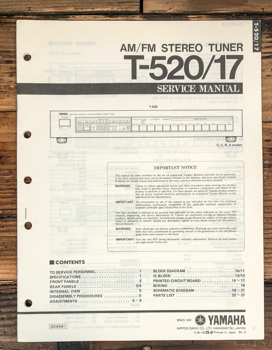 Yamaha T-520 T-17 Tuner Service Manual *Original*