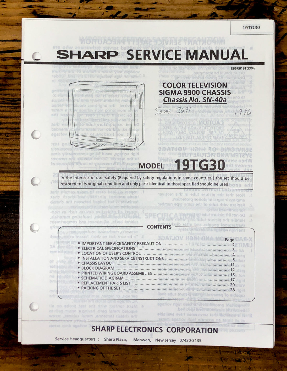 Sharp 19TG30 TV / Television Service Manual *Original*