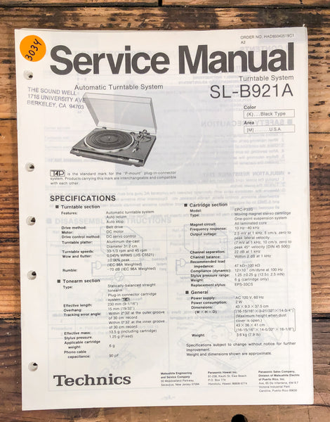 Technics SL-B921A Record Player / Turntable  Service Manual *Original*