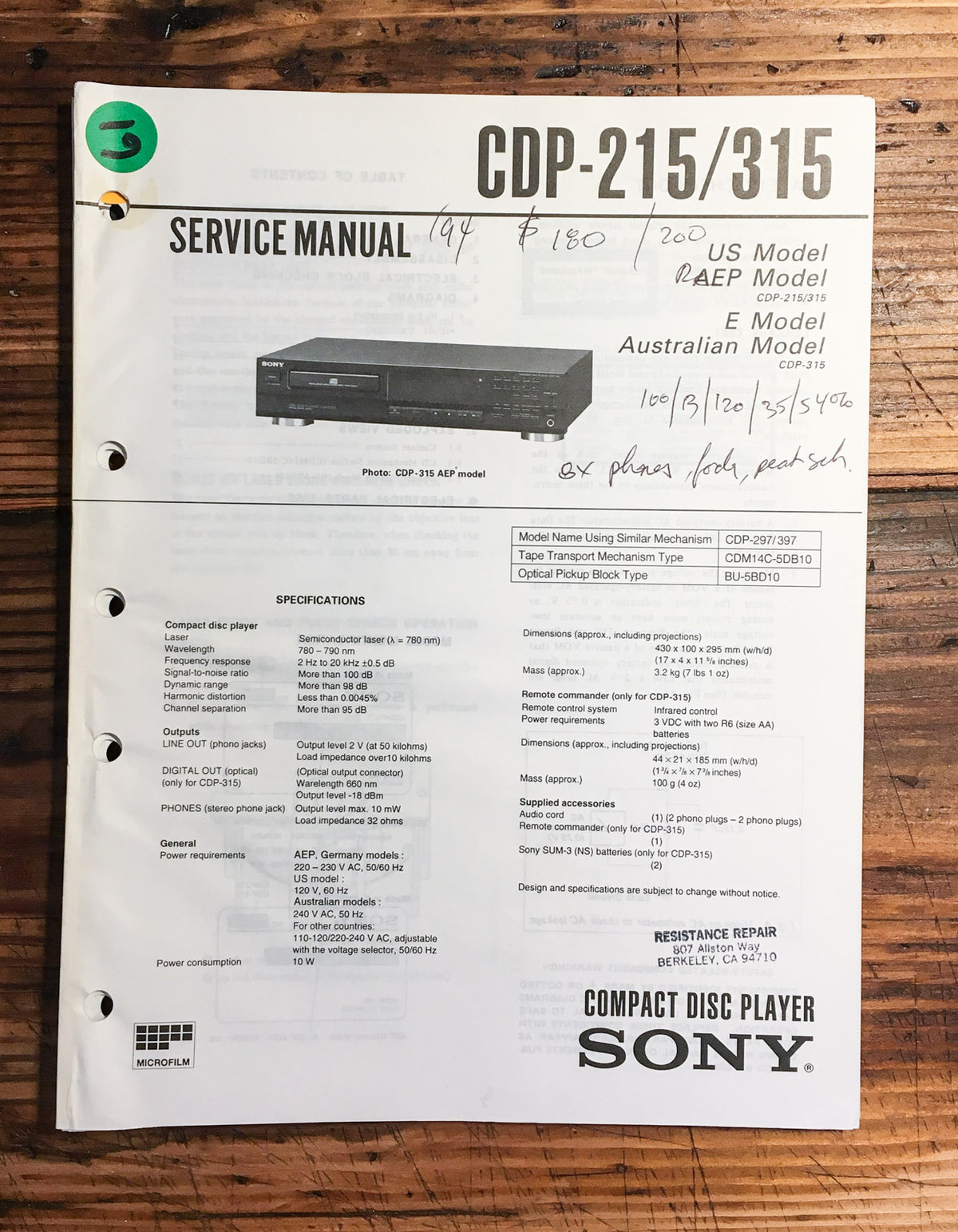 Sony CDP-215 CDP-315 CD Player  Service Manual *Original*