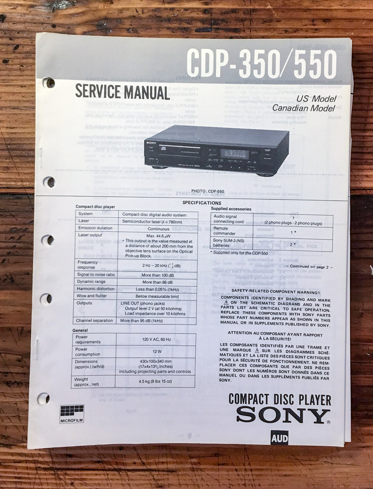Sony CDP-350 CDP-550 CD Player  Service Manual *Original*