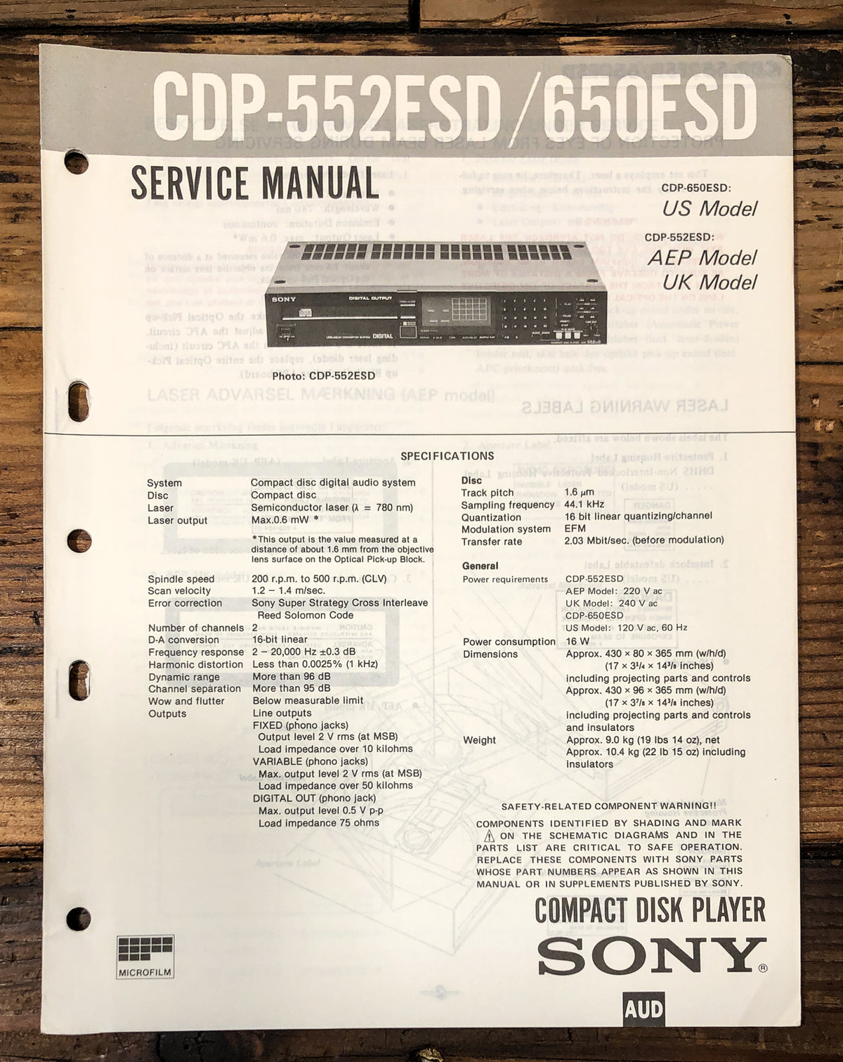 Sony CDP-552ESD CDP-650ESD CD Player Service Manual *Original*