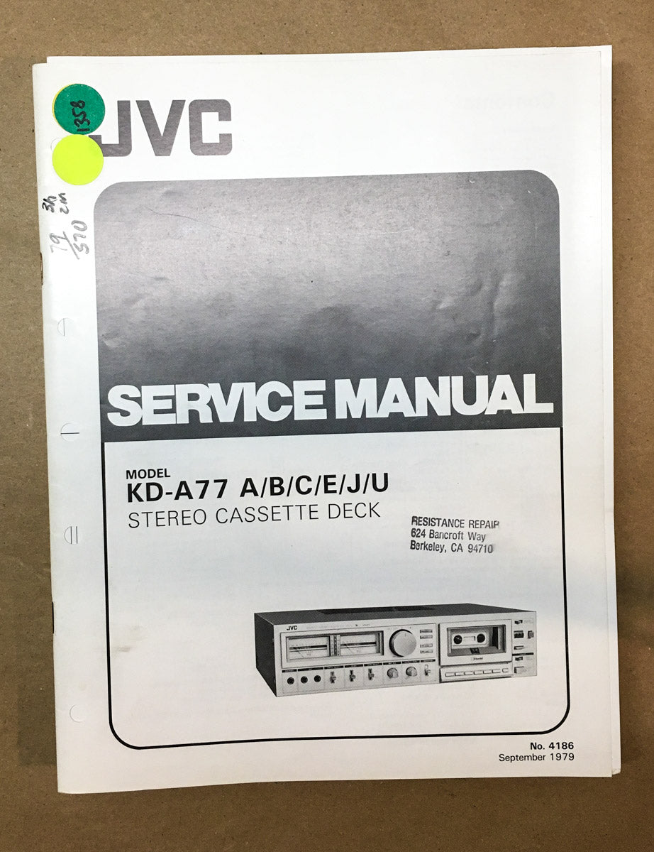 JVC KD-A77 Cassette Tape  Service Manual *Original*
