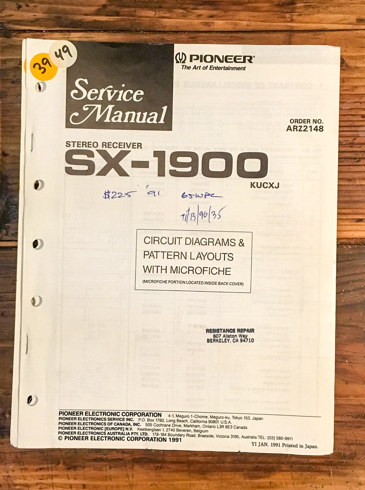 Pioneer SX-1900 Receiver  Service Manual *Original*