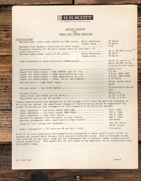 HH Scott Model 222C Amplifier Service Manual *Original*