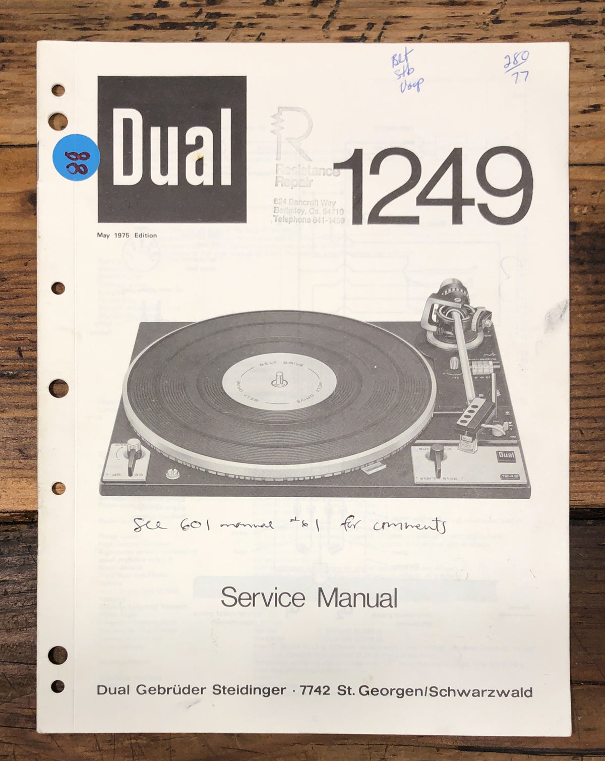 Dual Model 1249 Record Player / Turntable  Service Manual *Original*