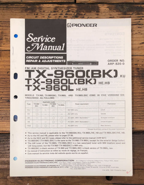 Pioneer TX-960 TX-960L Tuner  Service Manual *Original*