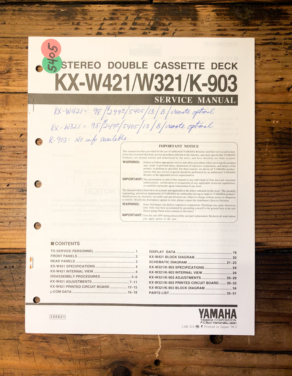 Yamaha KX-W421 KX-W321 K-903 Cassette  Service Manual *Original*