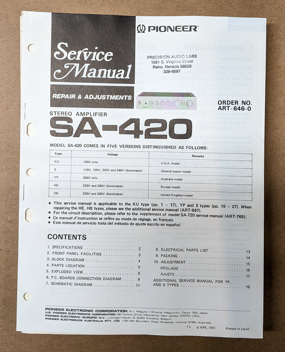 Pioneer SA-420 Stereo Amplifier Service Manual *Original*