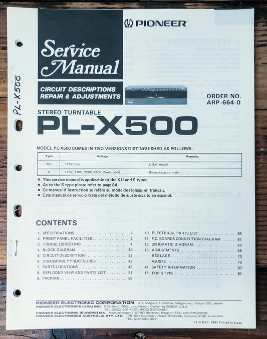 Pioneer PL-X500 Turntable Service Manual *Original*