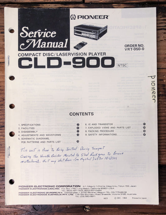 Pioneer CLD-900 CD LD Player Service Manual *Original*