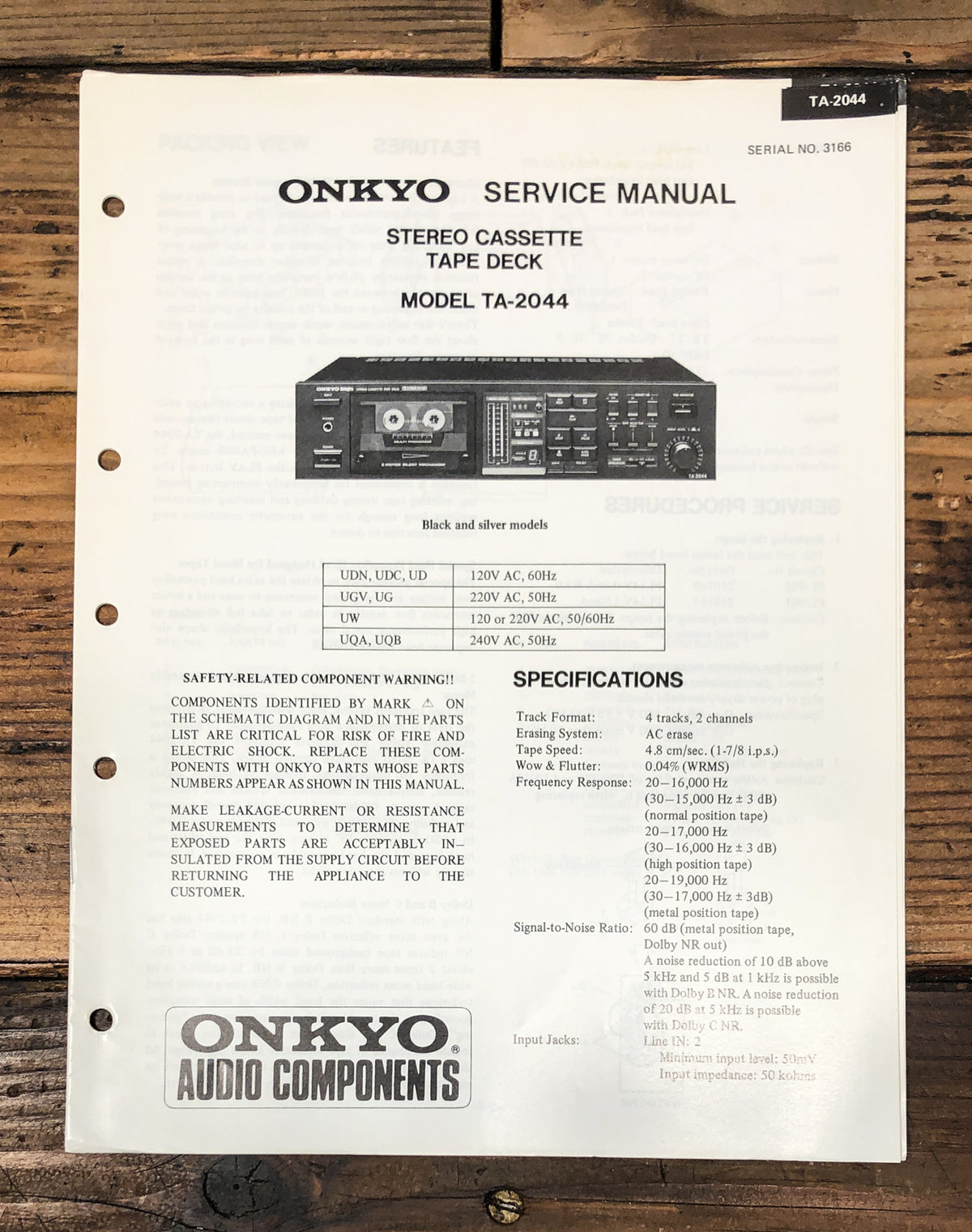 Onkyo TA-2044 Cassette Service Manual *Original*