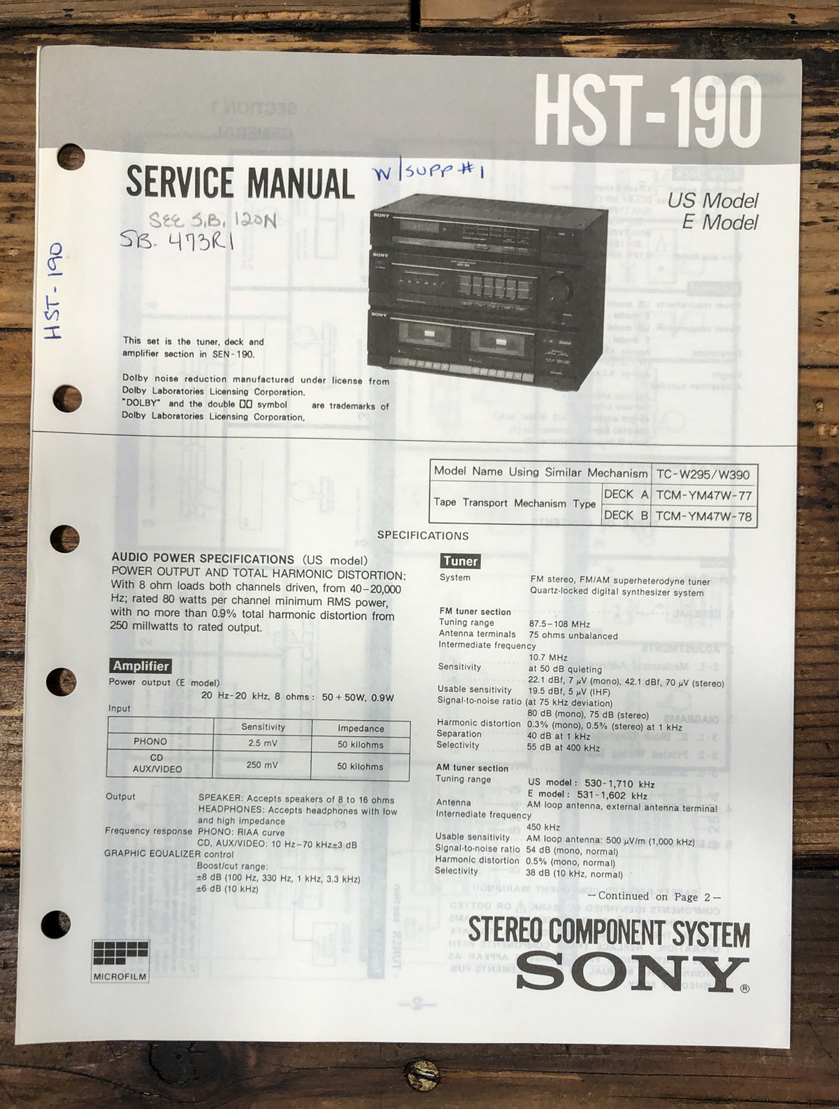 Sony HST-190 Stereo  Service Manual *Original*