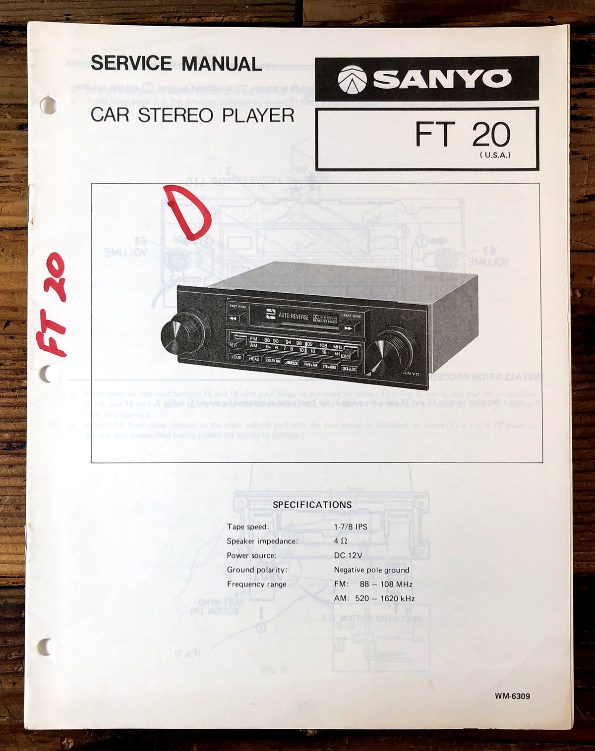 Sanyo FT 20 Car Stereo Player Service Manual *Original*