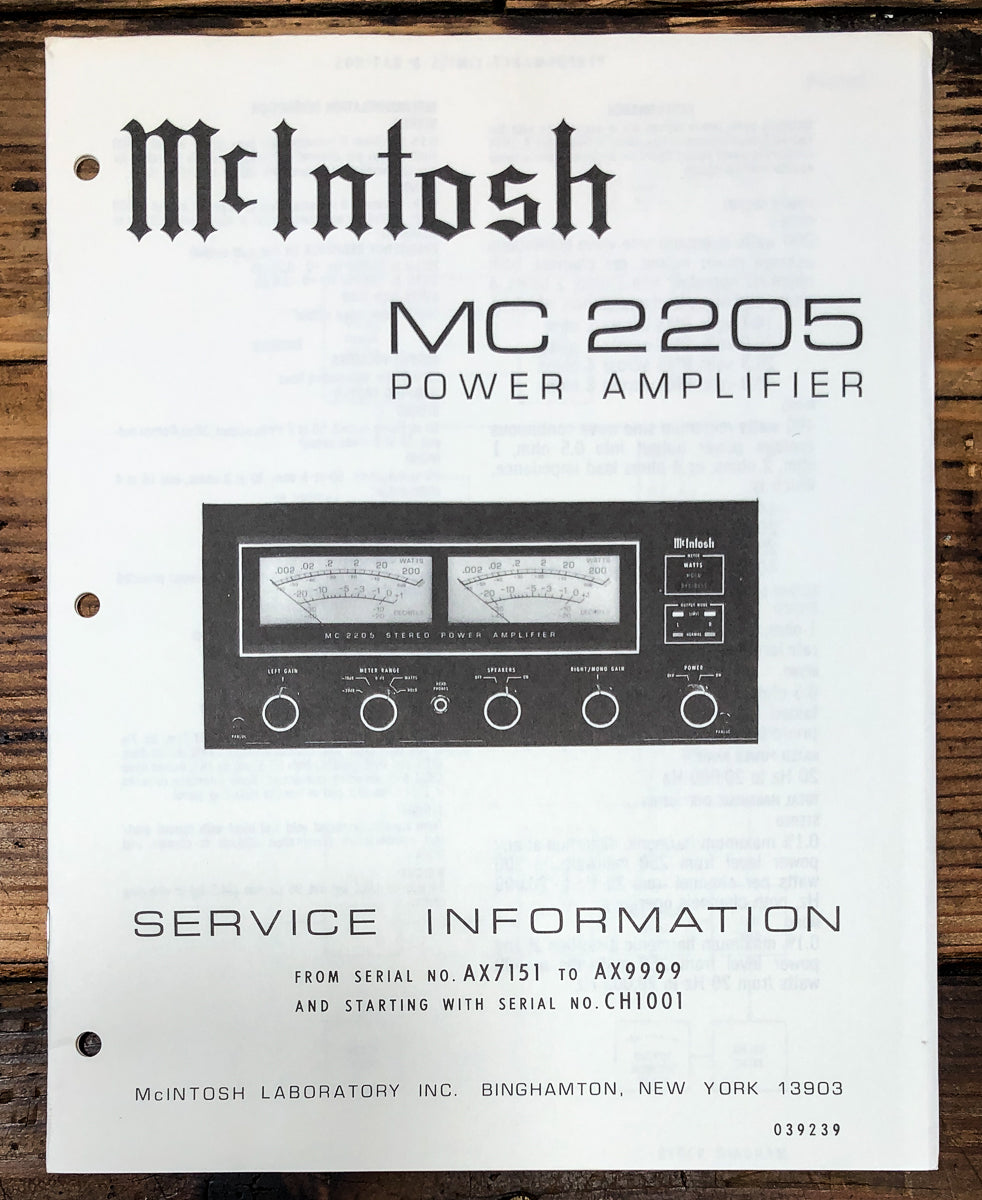McIntosh MC-2205 MC2205 Amplifier AX7151 to AX9999 Service Manual *Original*