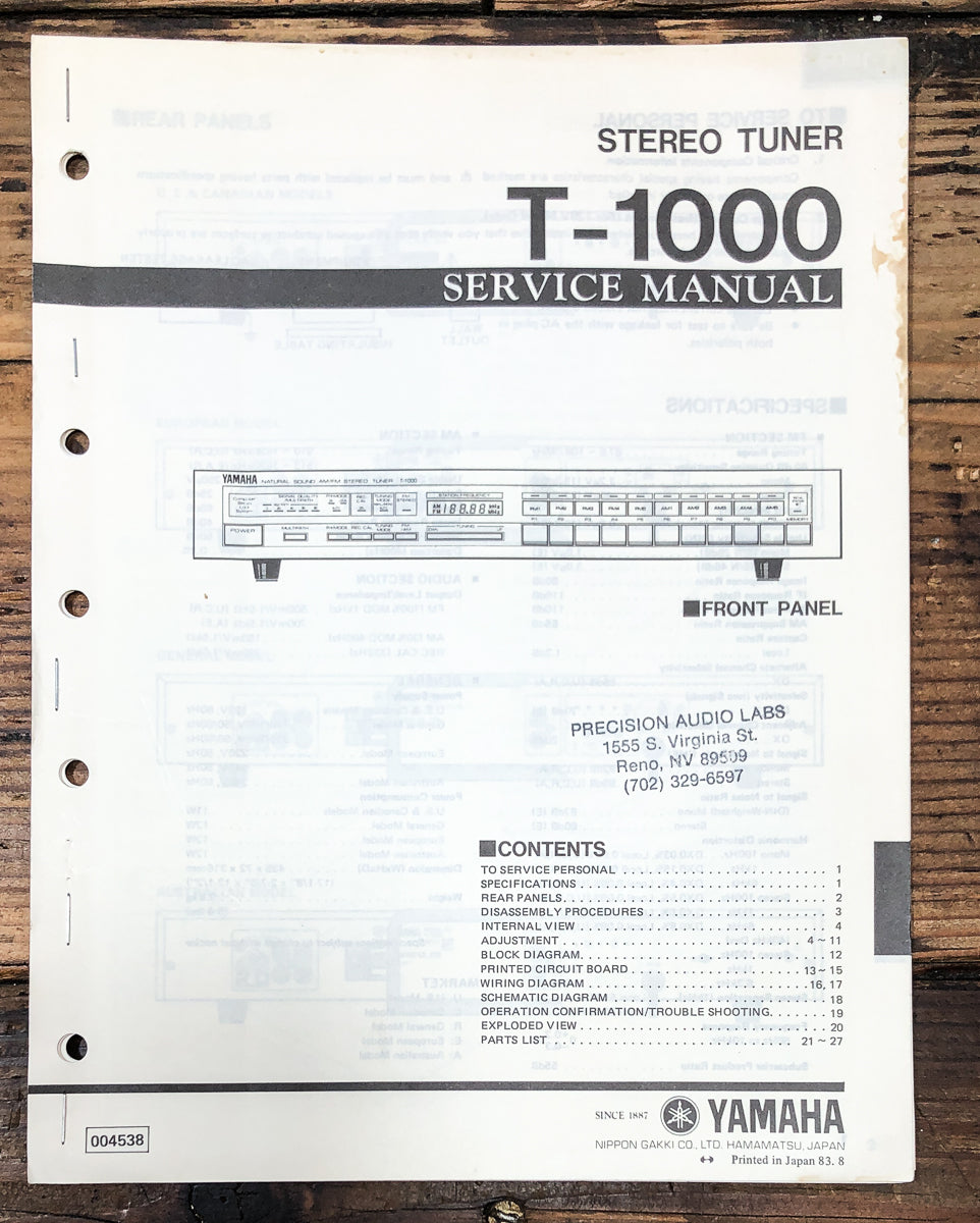 Yamaha T-1000 Tuner Service Manual *Original*