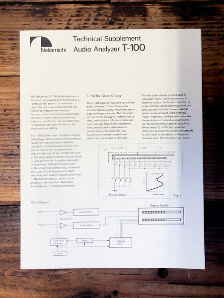 Nakamichi T-100 Audio Analyzer Supp. Service Manual *Original*