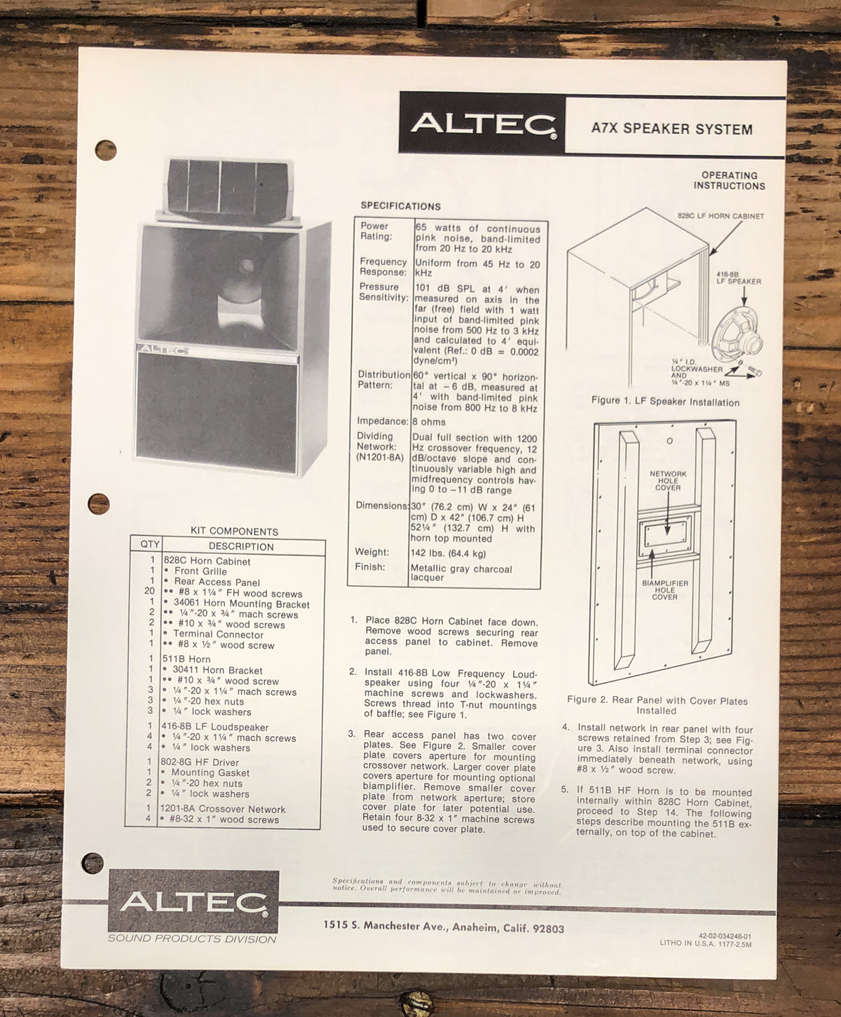 Altec Model A7X Speaker Owners / User Manual *Original*
