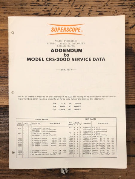 Superscope CRS-2000 Stereo Addendum Service Manual *Original*