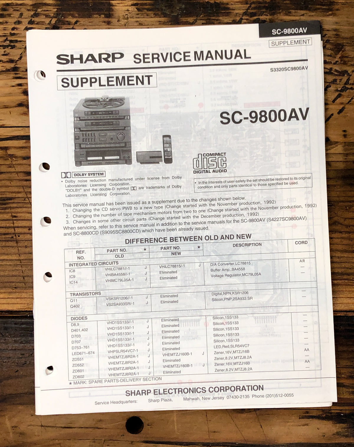 Sharp SC-9800AV Stereo System Service Manual SUPP *Original*