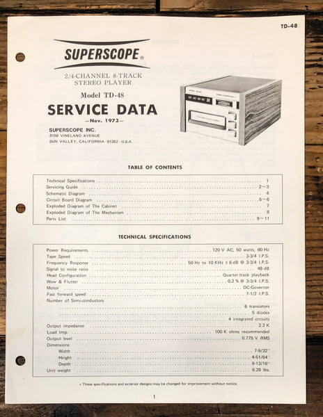 Superscope TD-48 8-Track Service Manual *Original*
