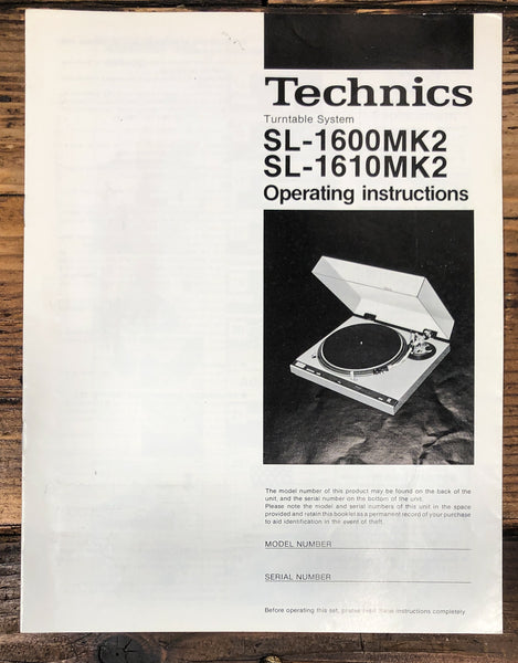 Technics SL-1600 MK2 SL-1610 MK2 Turntable Owners / User Manual *Original*