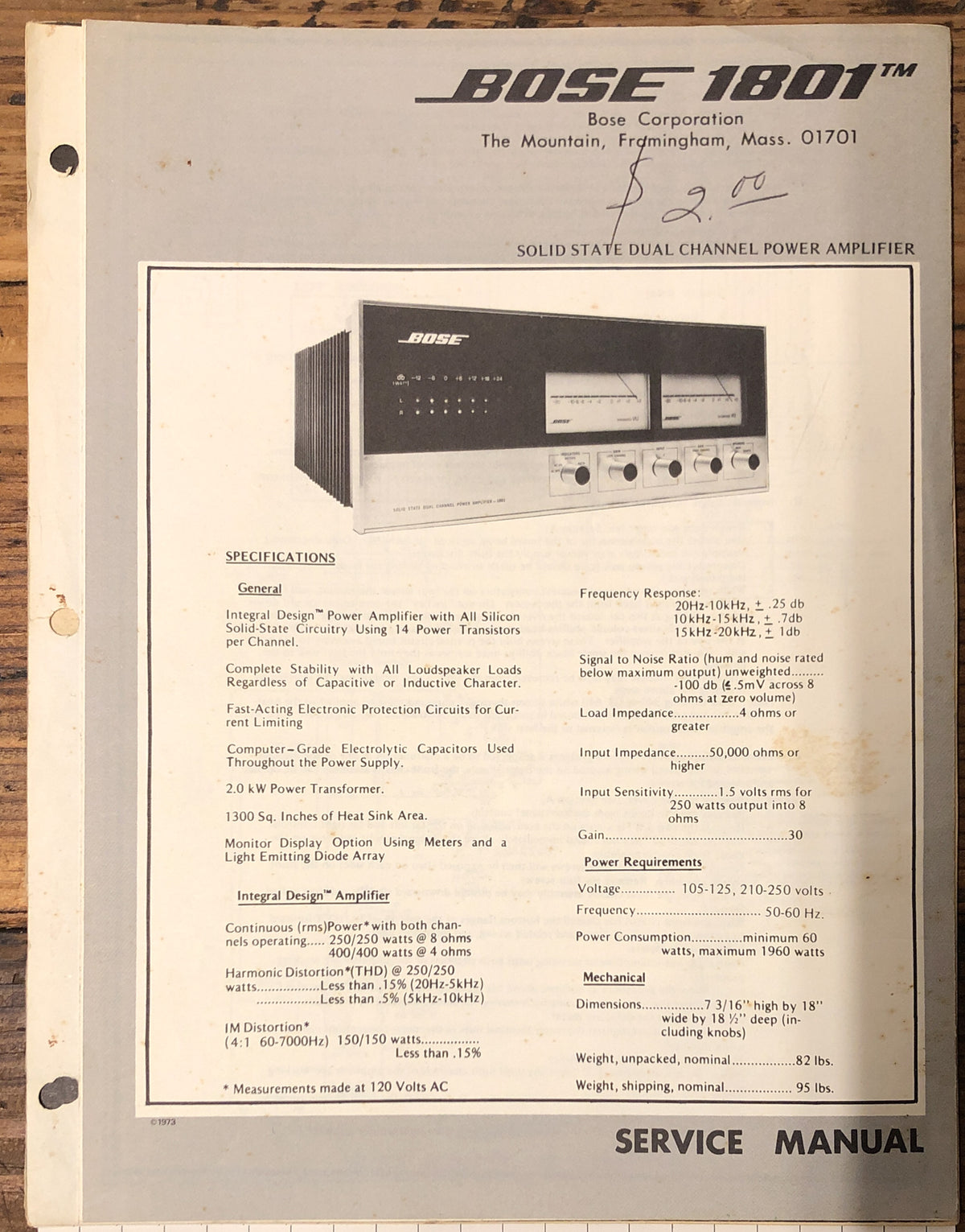Bose Model 1801 Amplifier  Service Manual *Original*