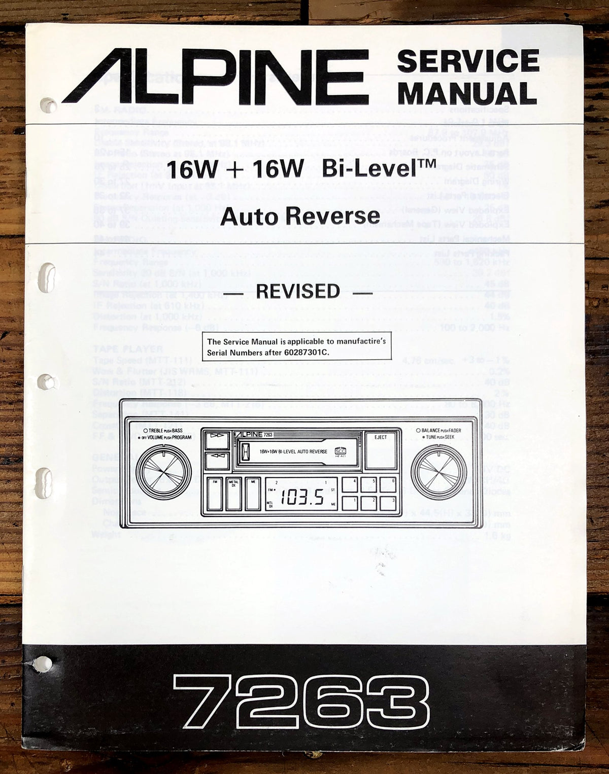 Alpine 7263 Bi-Level Auto Reverse Cassette Service Manual *Original*