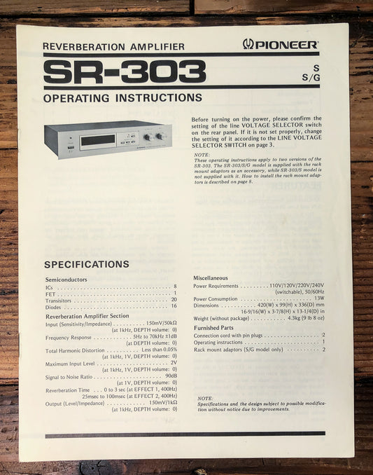 Pioneer SR-303 Reverberation Amplifier Owners / User Manual *Original*