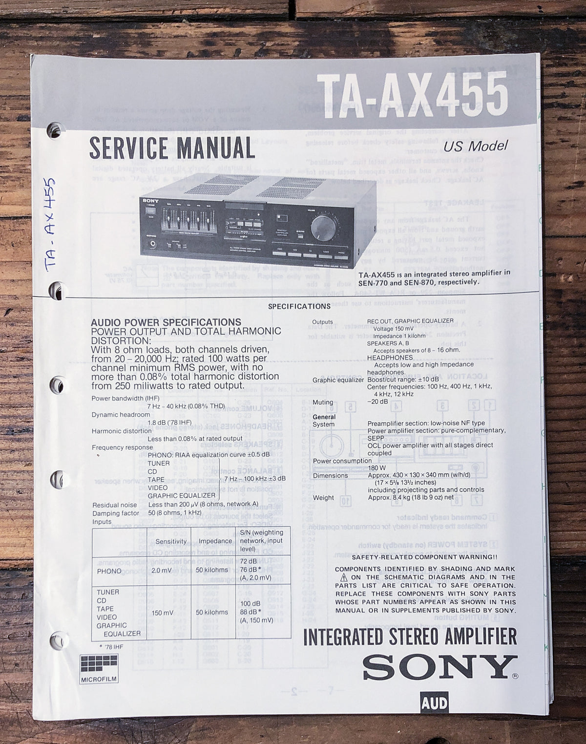 Sony TA-AX455 Amplifier  Service Manual *Original*