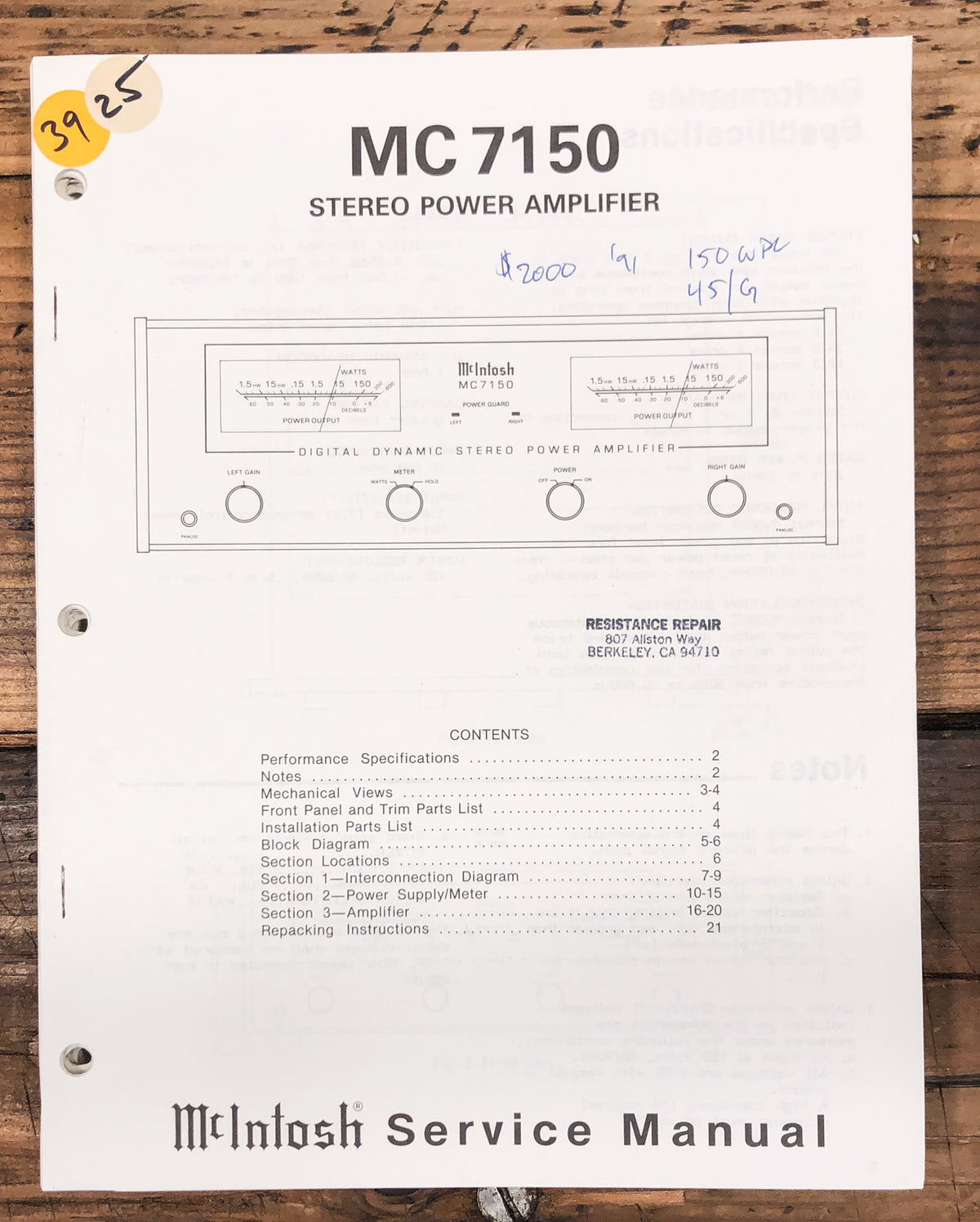 McIntosh MC7150 MC-7150 Amplifier  Service Manual *Original*