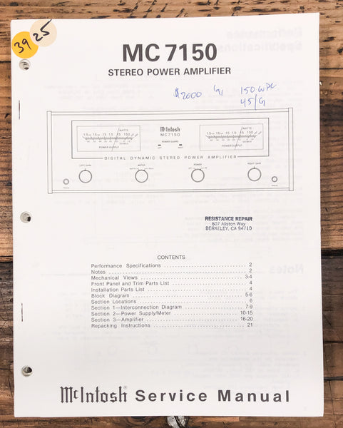 McIntosh MC7150 MC-7150 Amplifier  Service Manual *Original*