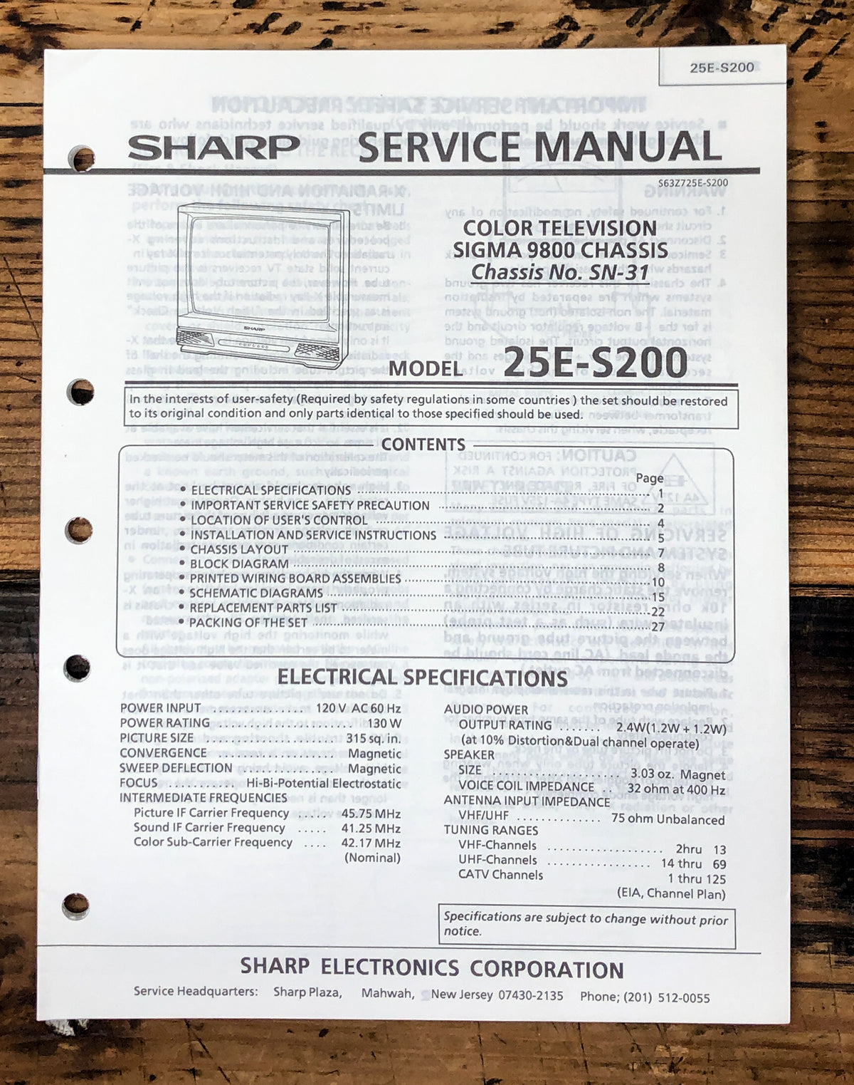 Sharp 20E-S200 TV / Television Service Manual *Original*